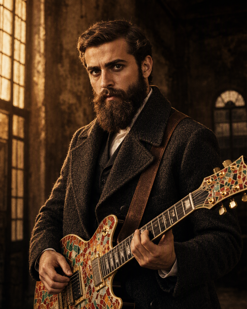 Antoni Gaudí, guitarrista de 4 Barres, amb la seva guitarra de trencadís en una imatge promocional