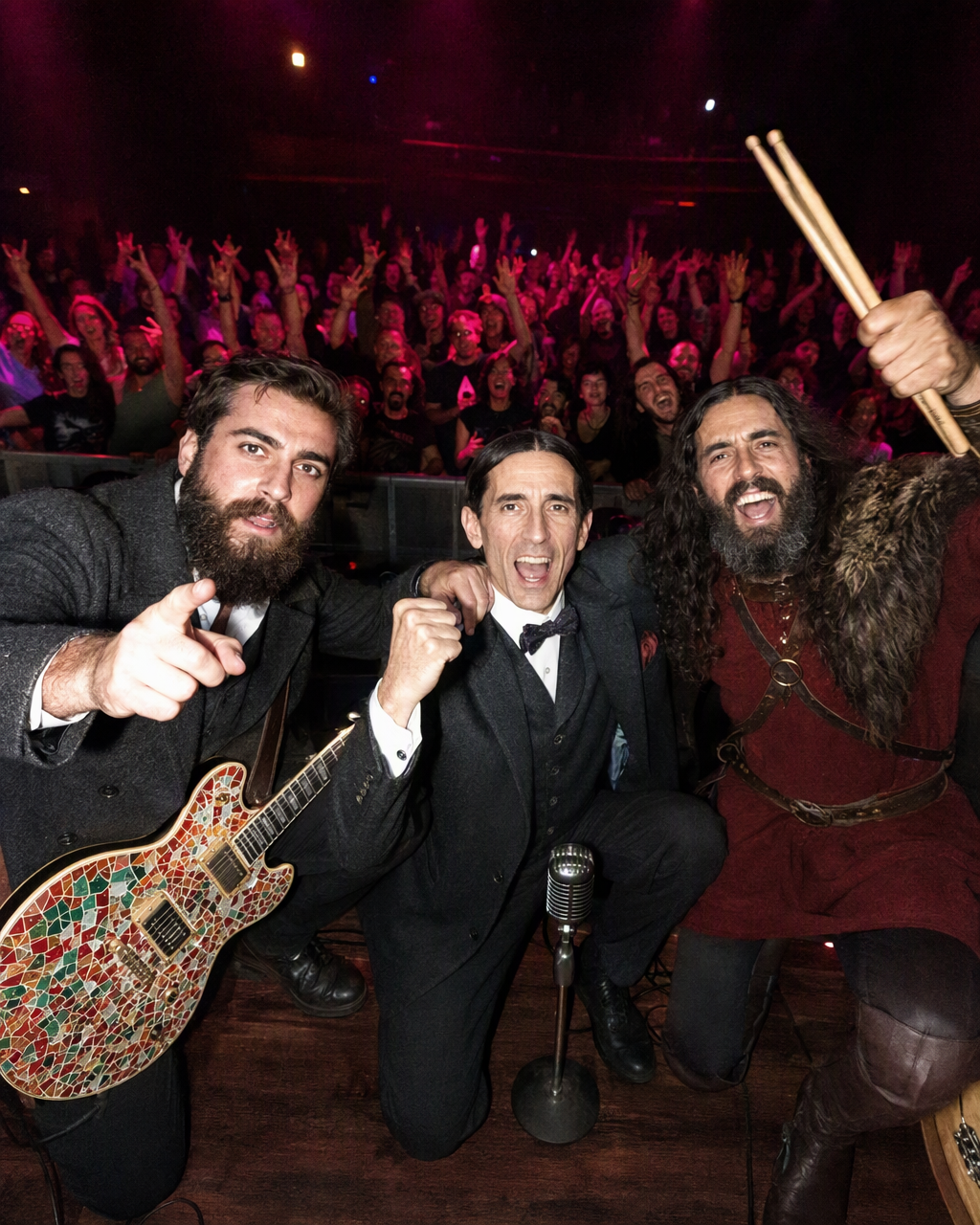 Els tres membres de 4 Barres, esgotats i somrients, fotografiant-se amb el públic del Barts després del concert