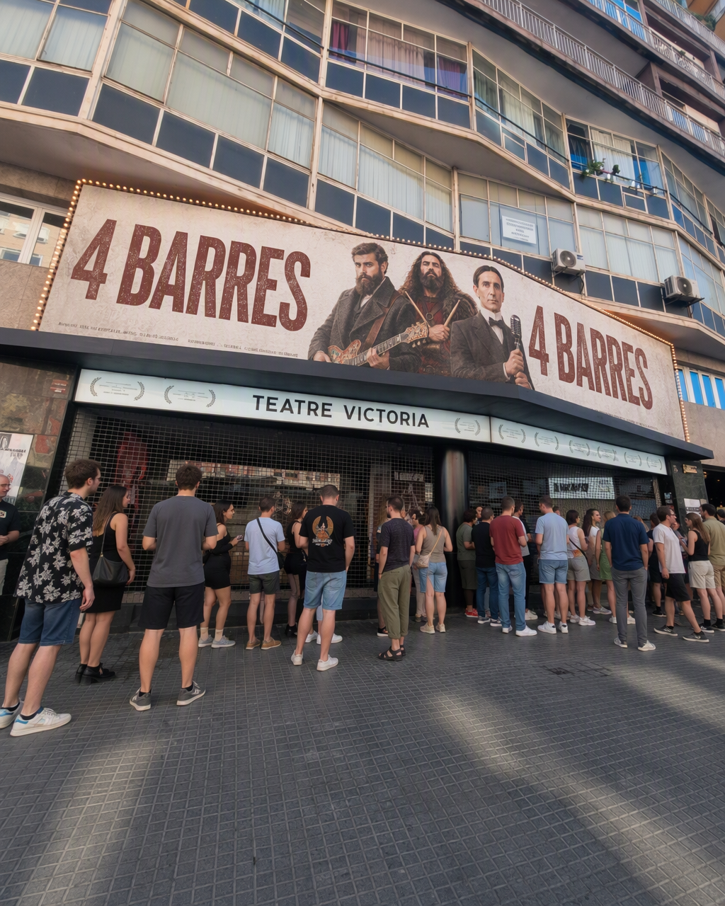 Cua de públic davant del Teatre Victòria de Barcelona, amb la marquesina del concert de 4 Barres il·luminada