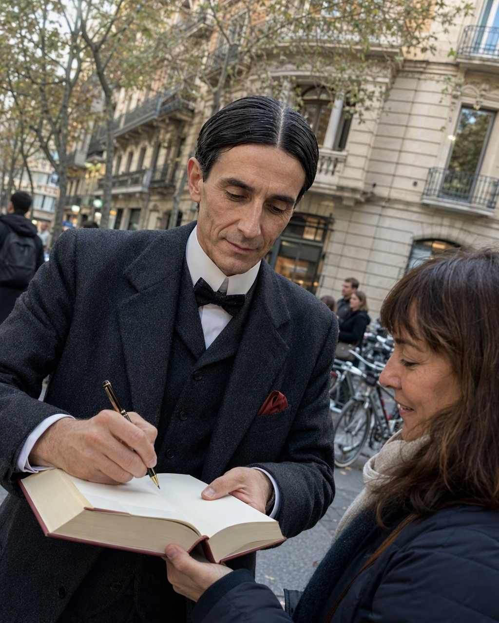 Pompeu Fabra de 4 Barres signant un diccionari per a una seguidora al carrer, vestit amb el seu Smoking