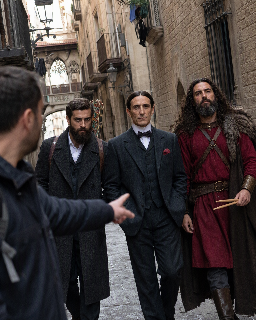 Els tres integrants de 4 Barres, abillats d'època, al carrer del barri Gòtic de Barcelona