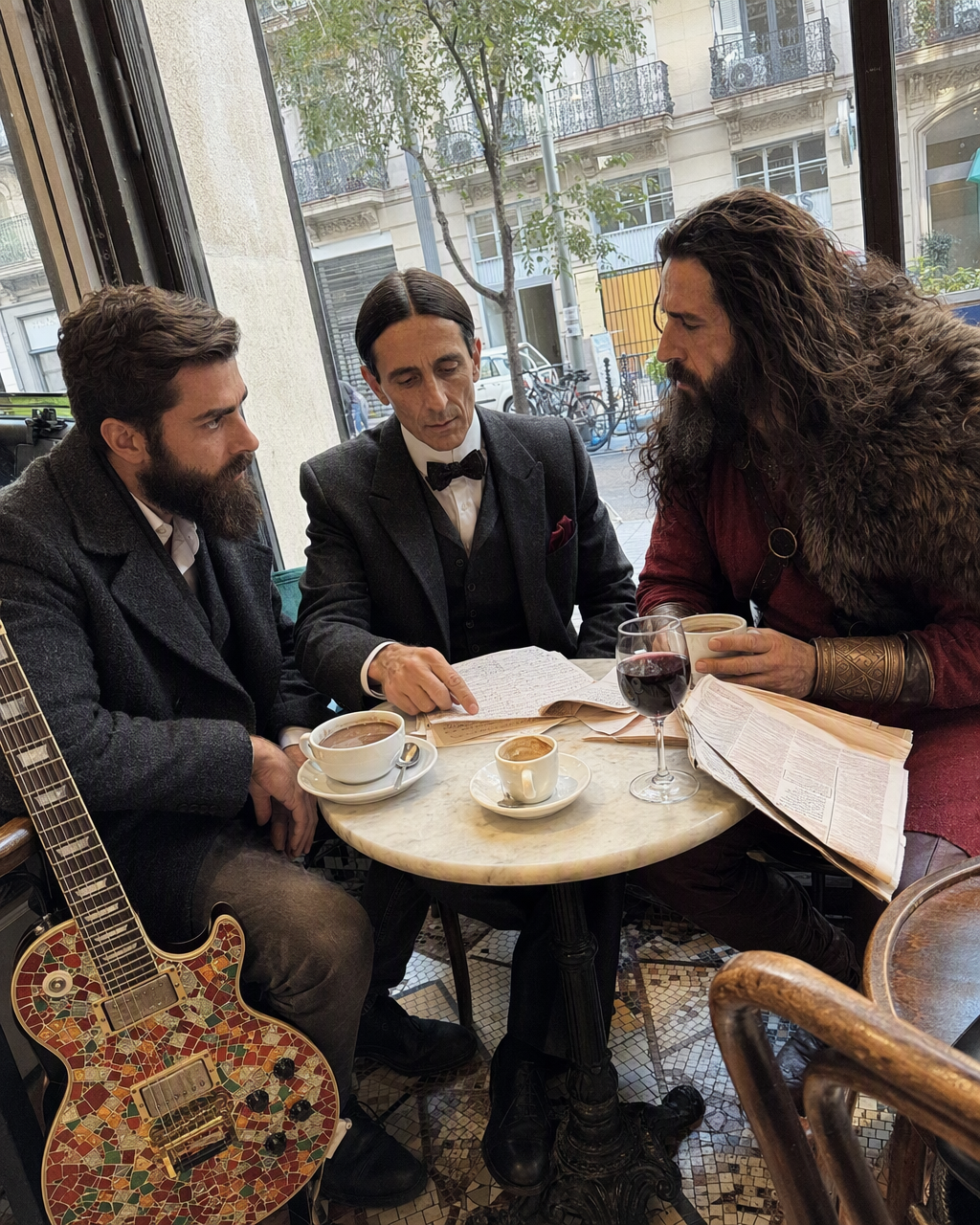 Els tres membres de 4 Barres repassant lletres i partitures al voltant d'una taula de marbre en una cafeteria