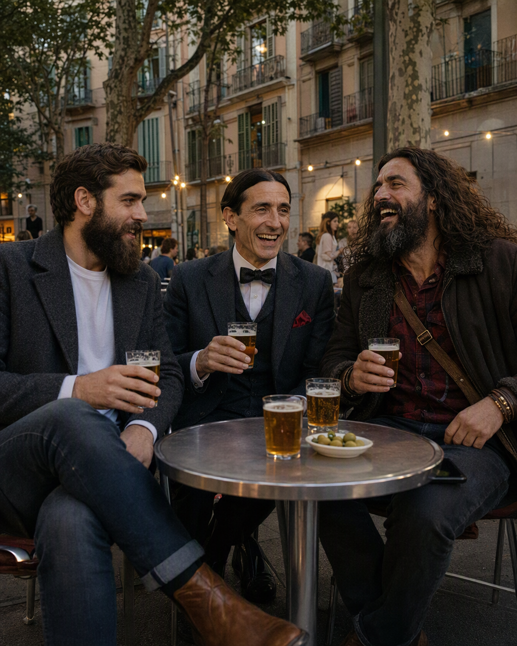 Els tres integrants de 4 Barres brindant amb cervesa en una terrassa de Gràcia al capvespre